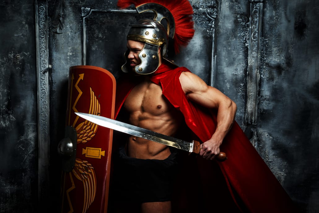 Roman,Warrior,With,Muscular,Body,Holding,Sword,And,Shield